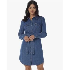 Wrangler Dress Western Cotton Dark Denim Shirt Long Sleeve Pearl Snap, Belt XL